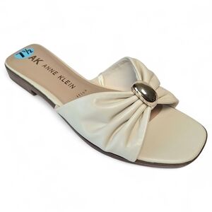 Anne Klein iFlex Vegan Leather Bow Slip On Slide Sandals Gold Bauble NWOT